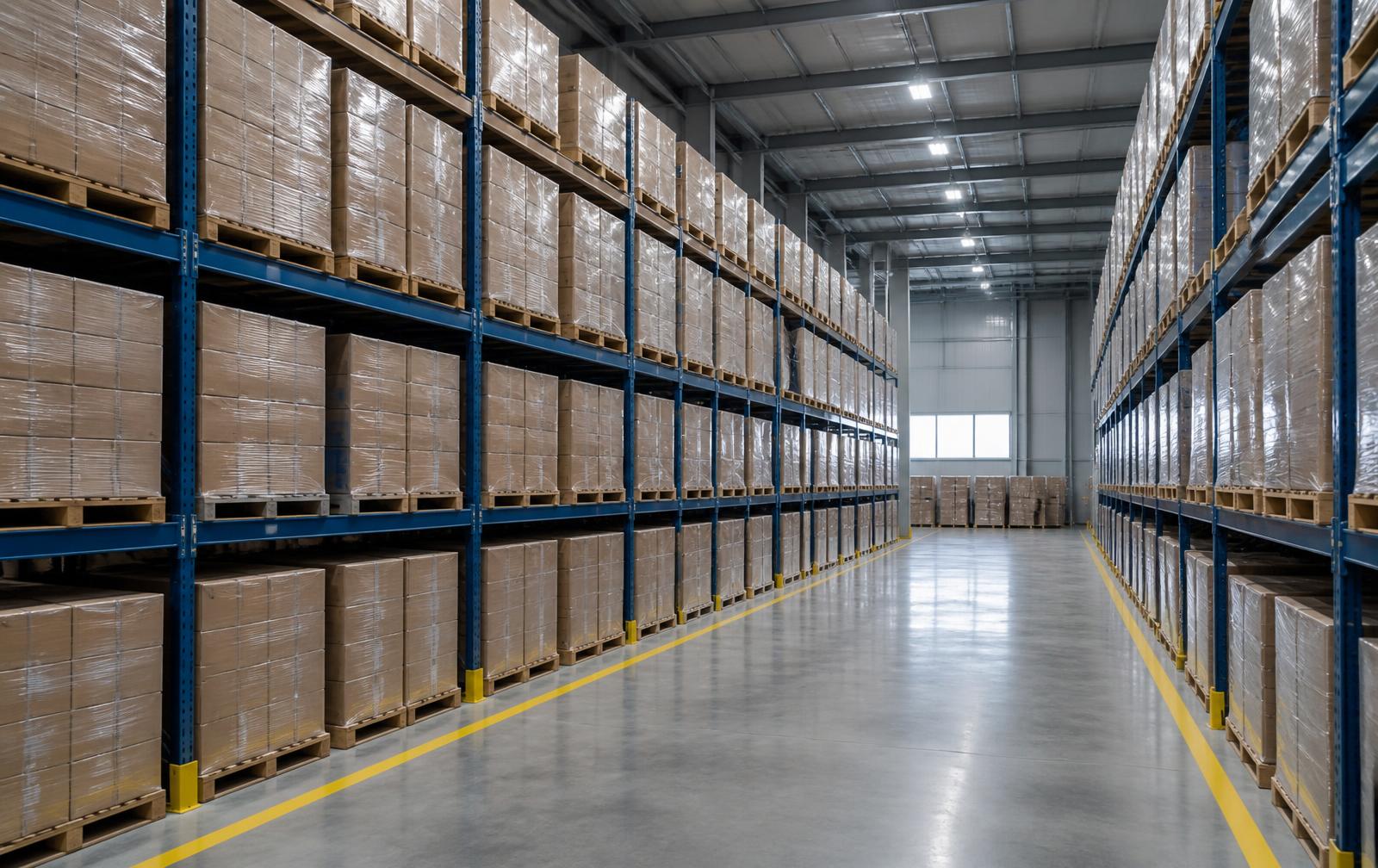 Finished goods warehouse with palletised cartons on racking